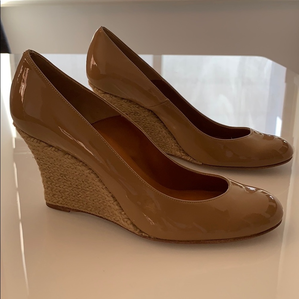 Lanvin Beige Patent Leather straw heeled wedges!